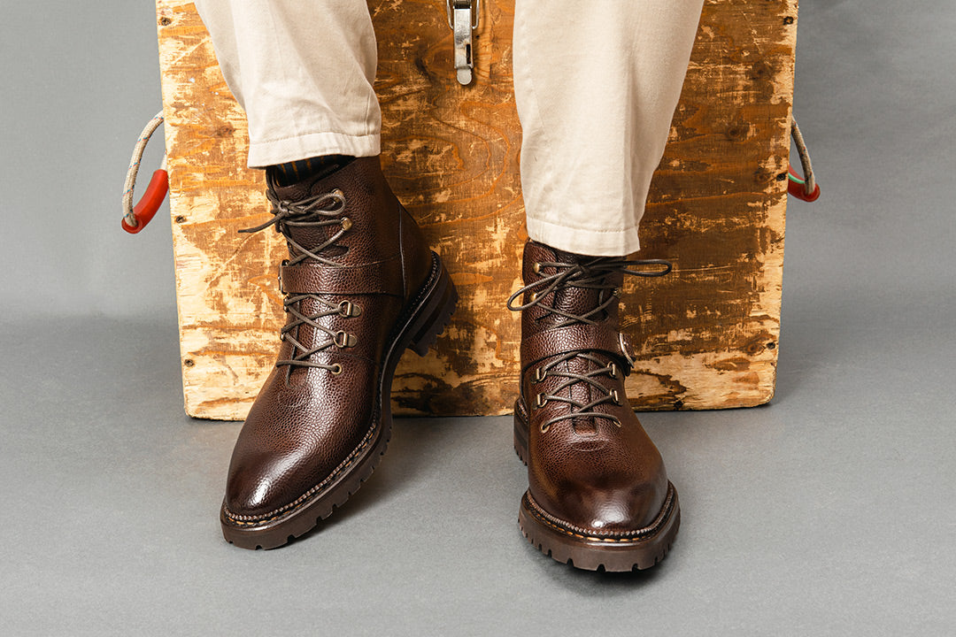 Carlos Santos 8975 Hiking Boot in Dark Brown Scotchgrain Leather worn with beige trousers.