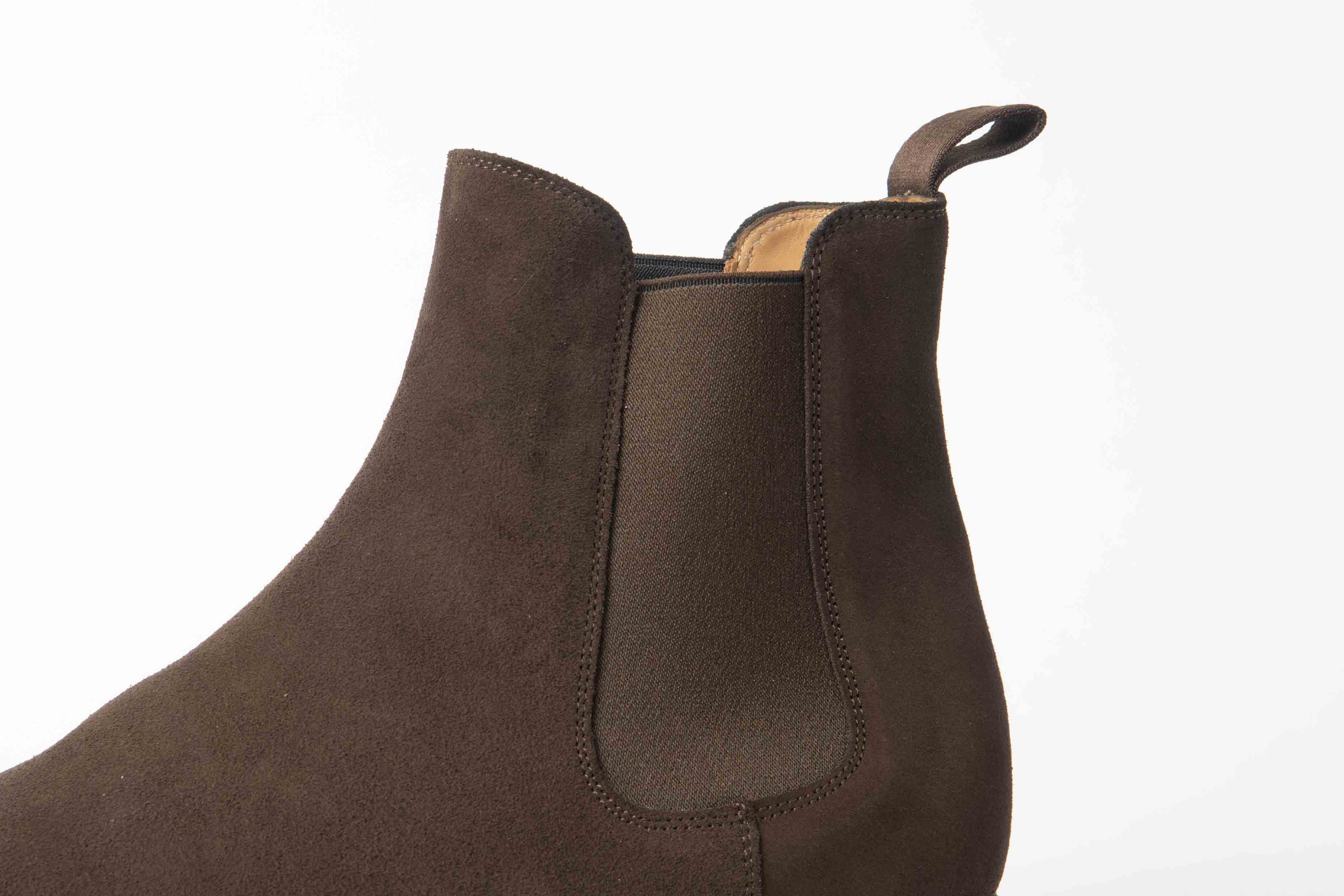 Close-up of Carlos Santos 9588 Chelsea Boots in dark brown suede with rubber Dainite sole.