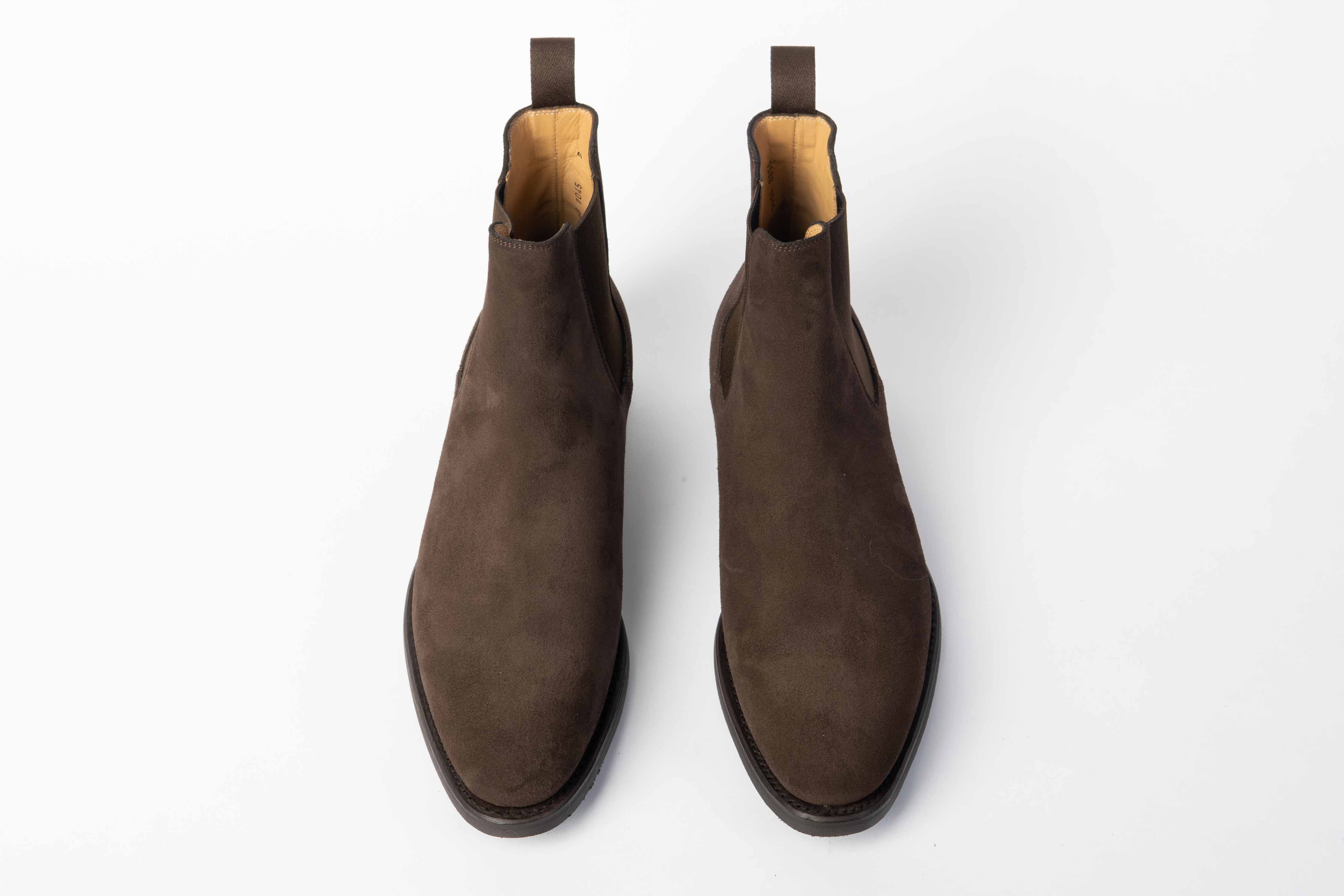 Carlos Santos 9588 Chelsea Boots in Dark Brown Suede, top view showing Goodyear welted construction and Dainite sole.