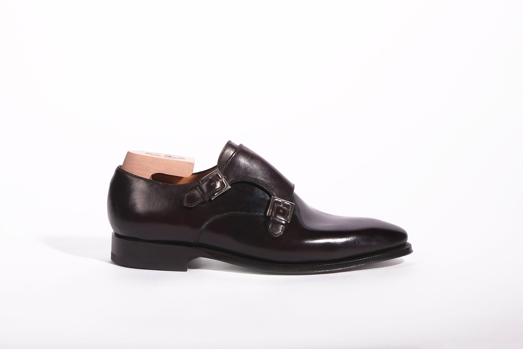 Double Monk Strap Shoes in Burgundy Color 8 Shell Cordovan from Side