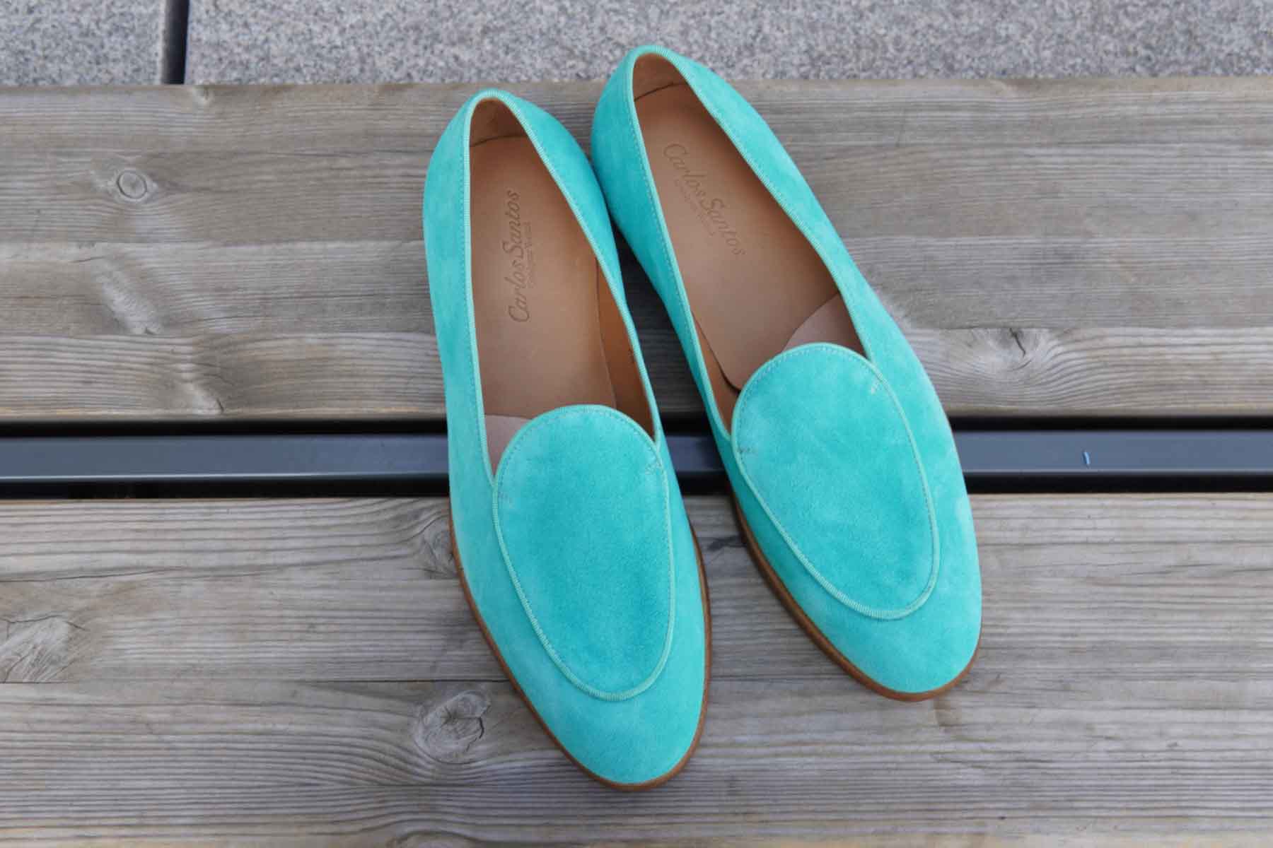 Carlos Santos 1829 Belgian Loafers in Turquoise Suede on Wooden Surface